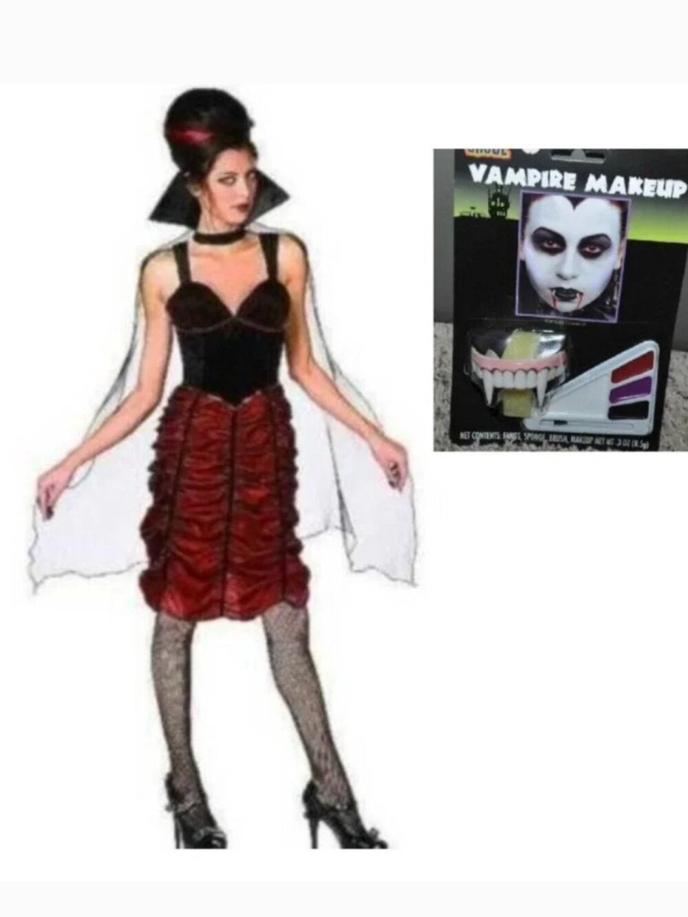 Vampiress Crimson Vampire & Makeup 8/10 Halloween Costume Dress Cape 3 Pc Womens